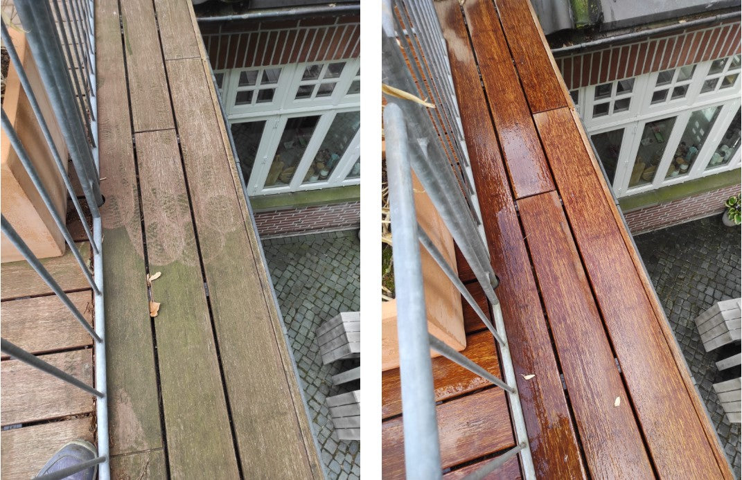 Bambus-Terrassendielen vor und nach der Reinigung mit unserem Anti-Belag Reiniger