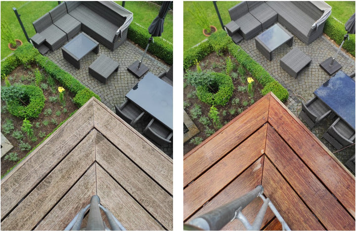Bambus-Terrassendielen vor und nach der Reinigung mit unserem Cleaner