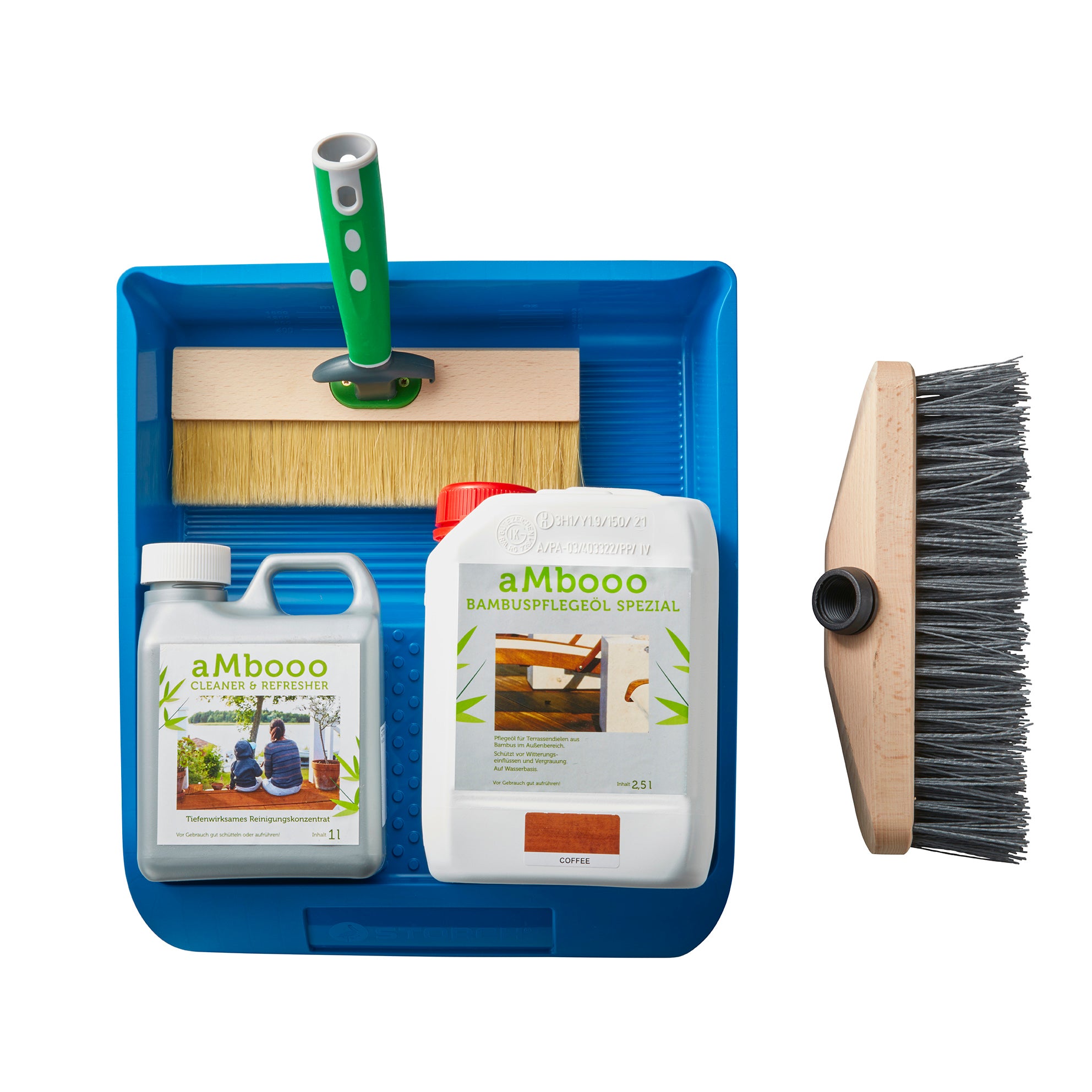 Das XL Terrassenpflege Set von ambooo für Terrassendielen aus Bambus.