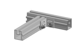 Zwei Aluminiumprofile einer Terrassen-Unterkonstruktion sind mit einem rechtwinkligen Metallverbinder verschraubt.