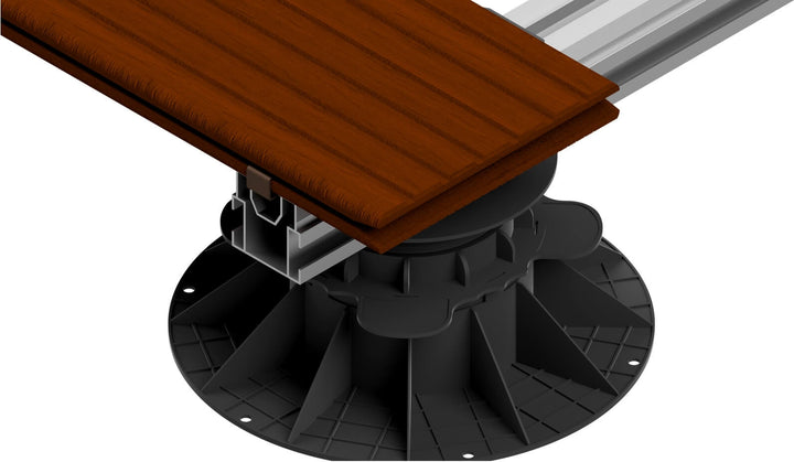 Terrassendiele auf Aluminium-Unterkonstruktion mit höhenverstellbarem Stelzlager und verdecktem Montageclip für eine professionelle Terrassenkonstruktion.